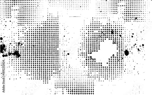 Glitch distorted brush stroke . Noise destroyed logo . Trendy defect error shapes. Grunge textured. Distressed effect. Vector shapes with a halftone dots screen print texture.