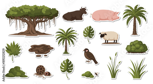 A diverse sticker set of jungle and farm animals with a large banyan tree, palm trees, and various tropical plants.