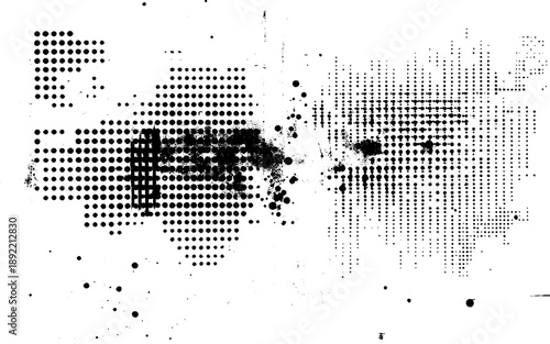 Glitch distorted brush stroke . Noise destroyed logo . Trendy defect error shapes. Grunge textured. Distressed effect. Vector shapes with a halftone dots screen print texture.