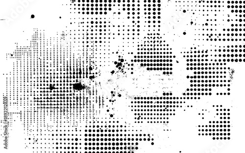 Glitch distorted brush stroke . Noise destroyed logo . Trendy defect error shapes. Grunge textured. Distressed effect. Vector shapes with a halftone dots screen print texture.