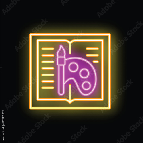 Neon icon of a paintbrush and an artist's palette is laying on an open book, glowing on a black background