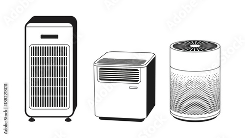 A line of three different portable air conditioners on a white background