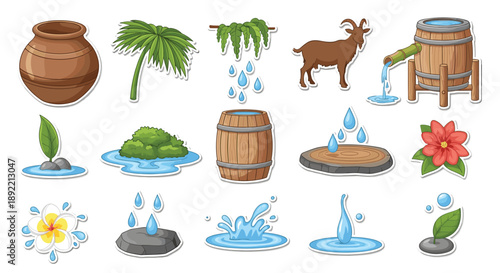 A serene sticker set focusing on water elements in a garden, featuring a goat, a clay pot, and a water-filled wooden barrel.