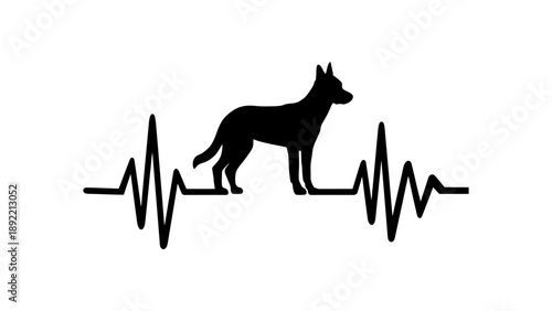A black silhouette of a dog standing on an electrocardiogram line