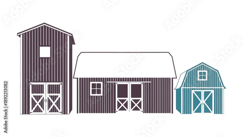An illustration of three barns in different sizes and colors