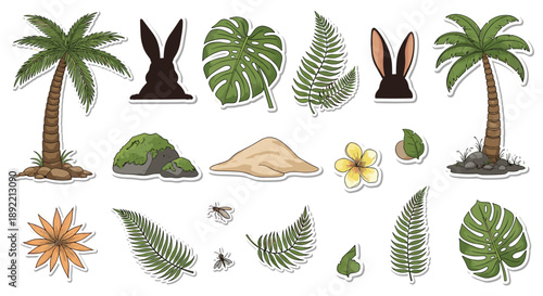 A tropical, hand-drawn sticker set with palm trees, rabbit ear silhouettes, monstera leaves, sand, and exotic flowers.