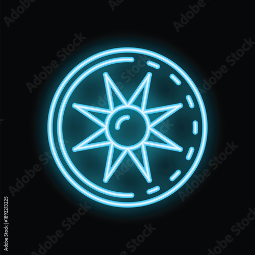 Blue neon compass shining in the dark, indicating the direction for a safe journey