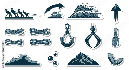 A collection of monochrome icons depicting concepts of force, nature, and industry, including tug of war, waves, and lifting hooks.
