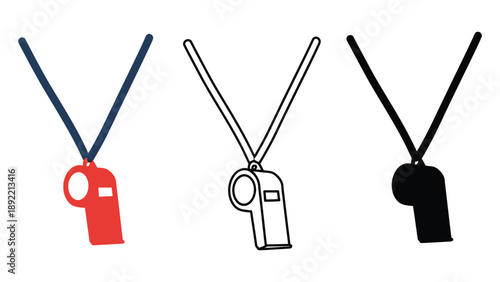 Three whistles in different colors on lanyards against a white background