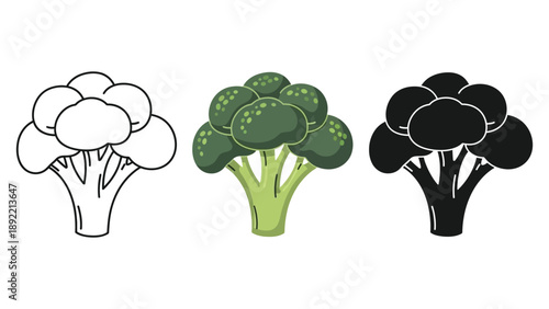 An illustration of broccoli in three different styles and colors