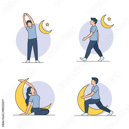 Muslim People Doing Exercise and Yoga During Ramadan Night with Crescent Moon and Star