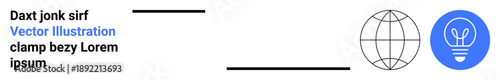 Innovation, technology, global reach, creativity, modern design, knowledge sharing. Minimalist globe and lightbulb icons. Innovation and technology concepts