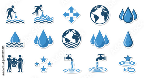 A set of monochrome blue icons promoting water conservation, purity, and environmental responsibility with globe and recycling symbols.