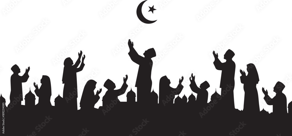 Obraz premium Muslim People Praying Under Crescent Moon Islamic Worship Silhouette Vector