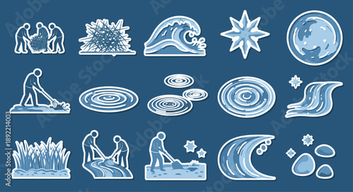 A collection of monochrome icons depicting environmental cleanup, land restoration, and agricultural work on a blue background.