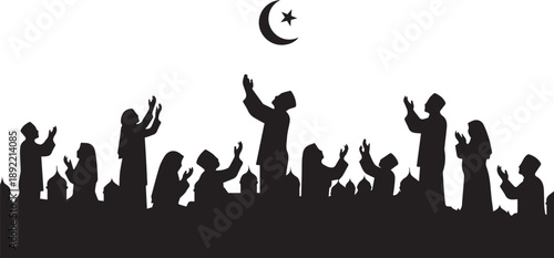 Muslim People Praying Under Crescent Moon Islamic Worship Silhouette Vector
