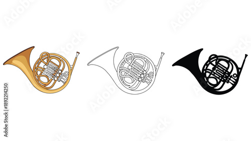 Three different illustrations of a French horn in various styles and colors