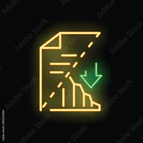 Neon icon of a document with a decreasing graph and a green arrow pointing down, symbolizing negative financial trend