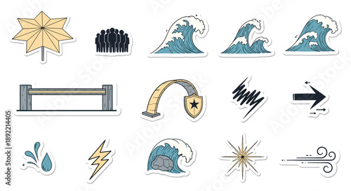 A collection of hand-drawn icons related to protection, energy, and nature, including shields, lightning, waves, and teamwork.