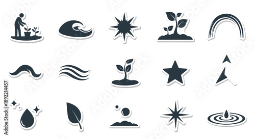 A set of monochrome silhouette icons focused on growth, nature, and gardening, with plants, water drops, and environmental symbols.