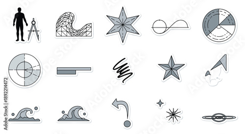 A collection of technical and architectural drawing icons in a monochrome line art style, including human scale, diagrams, and waves.