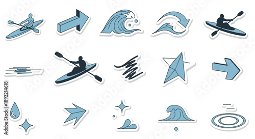 A dynamic set of icons in a cool blue palette for water sports and abstract motion, featuring kayaks, arrows, and waves.