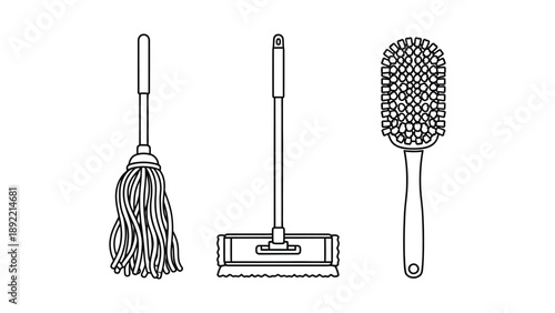 A set of cleaning tools including a broom, mop, and brush