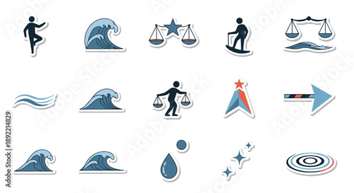 A set of icons representing balance, justice, and equilibrium, featuring scales, waves, and figures in poised positions.