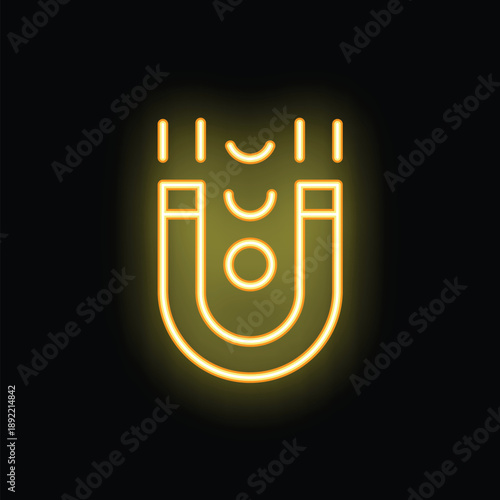 Yellow glowing neon icon of a magnet attracting metal particles on a black background