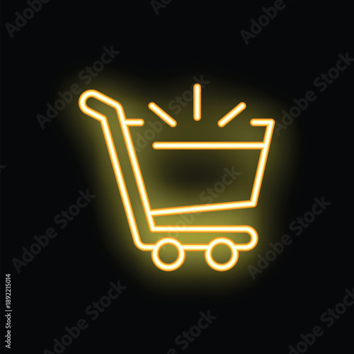 Yellow neon sign depicting a shopping cart with glowing rays, symbolizing a vibrant and enticing shopping experience