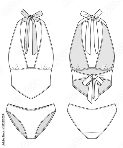 Micro Halter Bikini Set Technical Fashion Illustration. Minimal Tie-Front Swim Top with low rise Bikini Bottom. Front and Back Views. 2026 Resort-Core Women’s Swimwear. CAD Mockup Set.