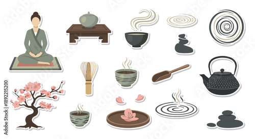A serene and elegant icon set for a traditional Japanese tea ceremony, with a geisha, bonsai tree, and essential utensils.