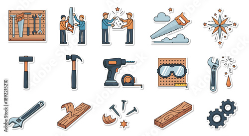 A detailed icon set for carpentry, woodworking, and DIY projects, featuring a variety of hand and power tools with a clean outline style.