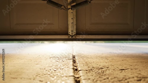 Interior view looking out from a dimly lit garage showing the overhead door mechanism and the bright daylight streaming in through the small gap at the bottom edge shadow, concrete, improvement