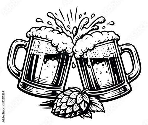 Hand drawn line art illustration of two beer mugs depicting clinking and splashing with hops for beer themed designs