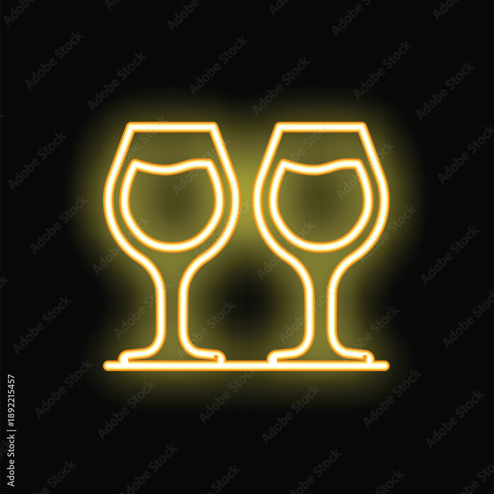 Fototapeta premium Neon sign of two wine glasses glowing yellow on black background