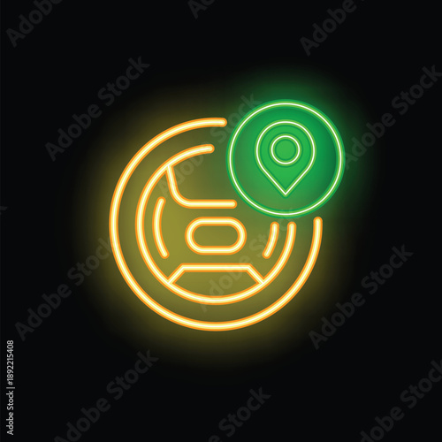 Glowing neon icon of a steering wheel and location pin, representing the concept of self driving cars and autonomous vehicles