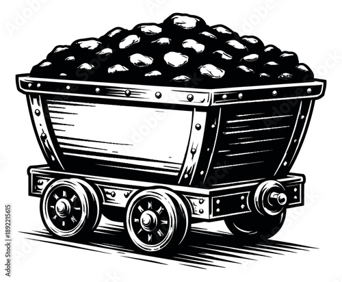 Hand drawn line art illustration of a mine cart filled with coal for mining industry design