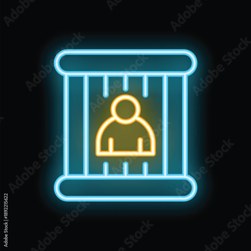 Glowing neon icon of a person standing behind bars on a black background