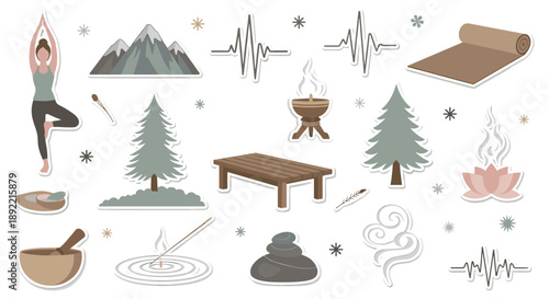 A serene sticker collection for yoga and wellness retreats, featuring a person in tree pose, mountain scenery, and meditation accessories.