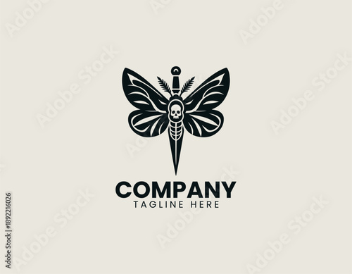 Stylized butterfly with human skull and dagger is isolated on plain background professional. Gothic branding concept