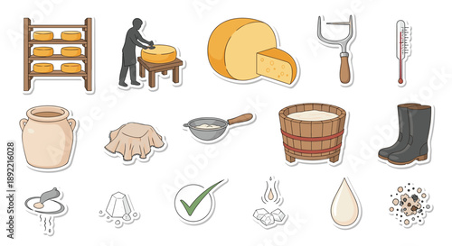 A hand-drawn sticker set depicting the traditional art of cheesemaking, with icons for each stage from milk to aged cheese wheel.