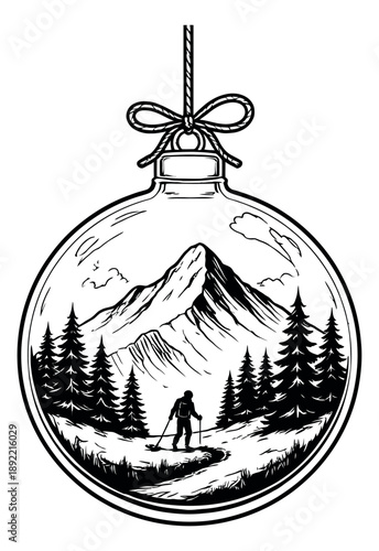 Hand drawn line art illustration of a Christmas ornament depicting a winter mountain scene with a hiker for holiday and adventure themes
