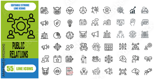 PUBLIC RELATIONS OUTLINE ICON SET, CONTAINING INTERVIEW, COMMUNITY, SOCIAL MEDIA, INFLUENCER, PR AGENT, AND MORE, EDITABLE STROKE, VECTOR ILLUSTRATION