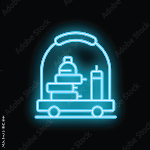Neon glowing sign of a hotel luggage cart loaded with bags and suitcases