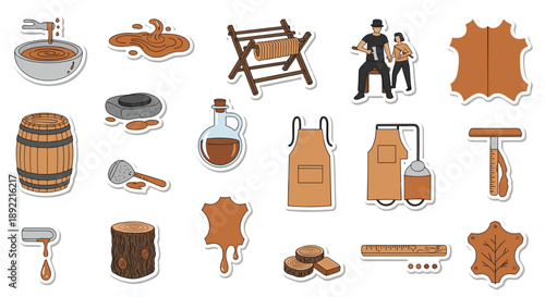 A sticker set illustrating the traditional process of leather tanning, with hand-drawn icons of a tanner, hides, tools, and materials.