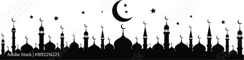 Mosques and minarets under a night sky with a crescent moon and stars