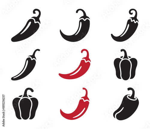 Collection of different pepper varieties including chili and bell peppers for vegetable market and food icons
