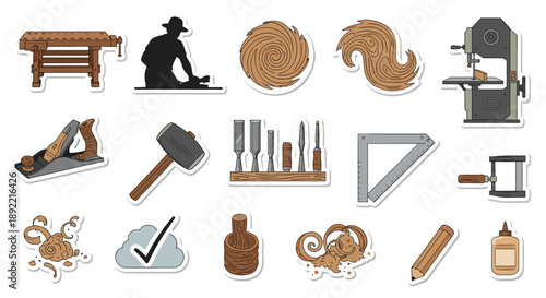 A hand-drawn sticker set celebrating the craft of woodworking, with a carpenter, workbench, and a variety of traditional hand tools.