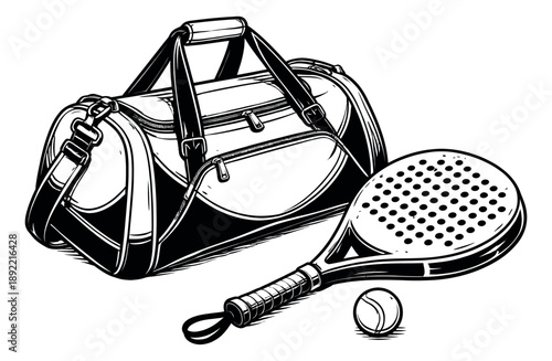 Hand drawn line art sports equipment set featuring a duffel bag, padel racket, and ball for sports and fitness